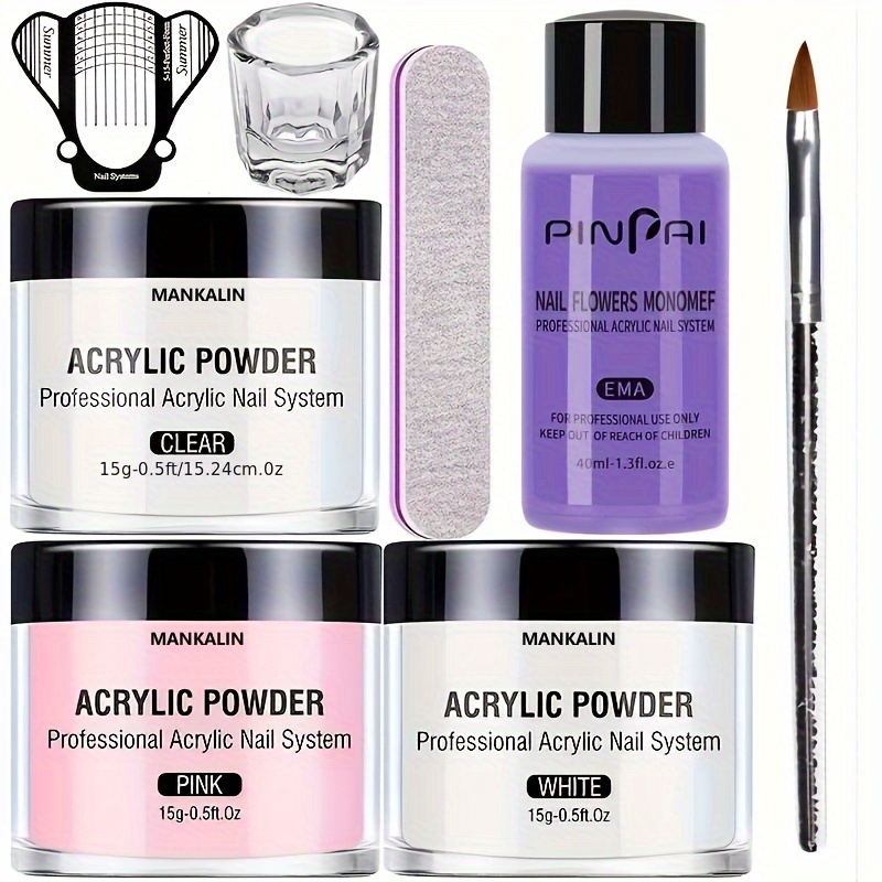 Acrylic Nail Kit – White Pinkish Clear Acrylic Powder & Nail Flowers  Monomer Set With Nail Brush