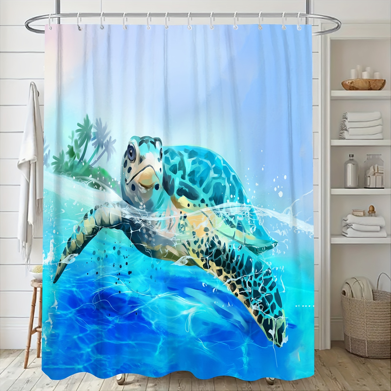 Watercolor Green Sea Turtle Shower Curtain & Hooks Bathroom