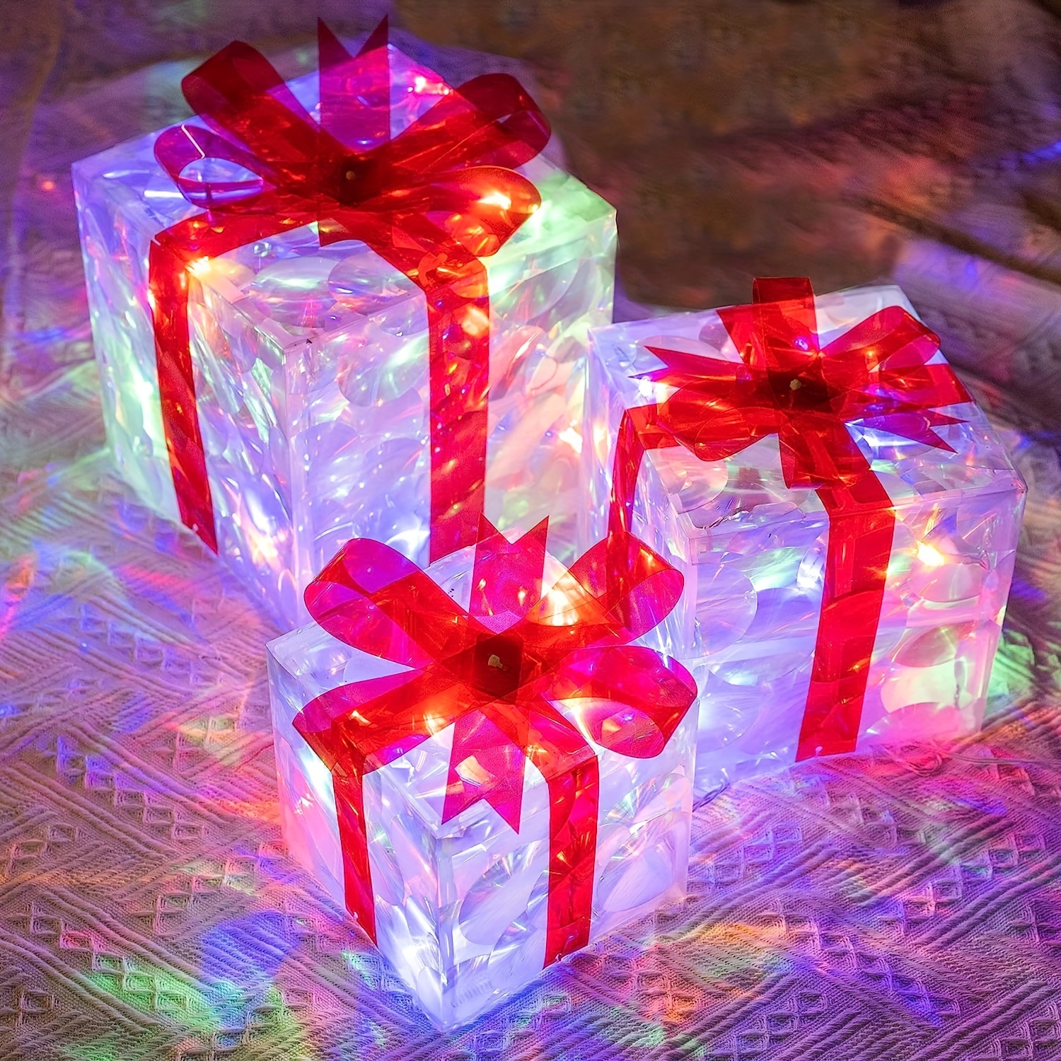 GIGALUMI Boîte Cadeaux Lumineuse de Noël avec Noeud 3 boîtes Blanc  décorations Cadeaux avec 48 LED pour intérieur et extérieur