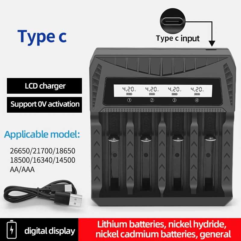 Chargeur 18650, Quatre Emplacements USB Pour Batteries Au Lithium 3.7V,  Batteries Rechargeables 1.2V No.5 No.7, Chargeur LCD Universel