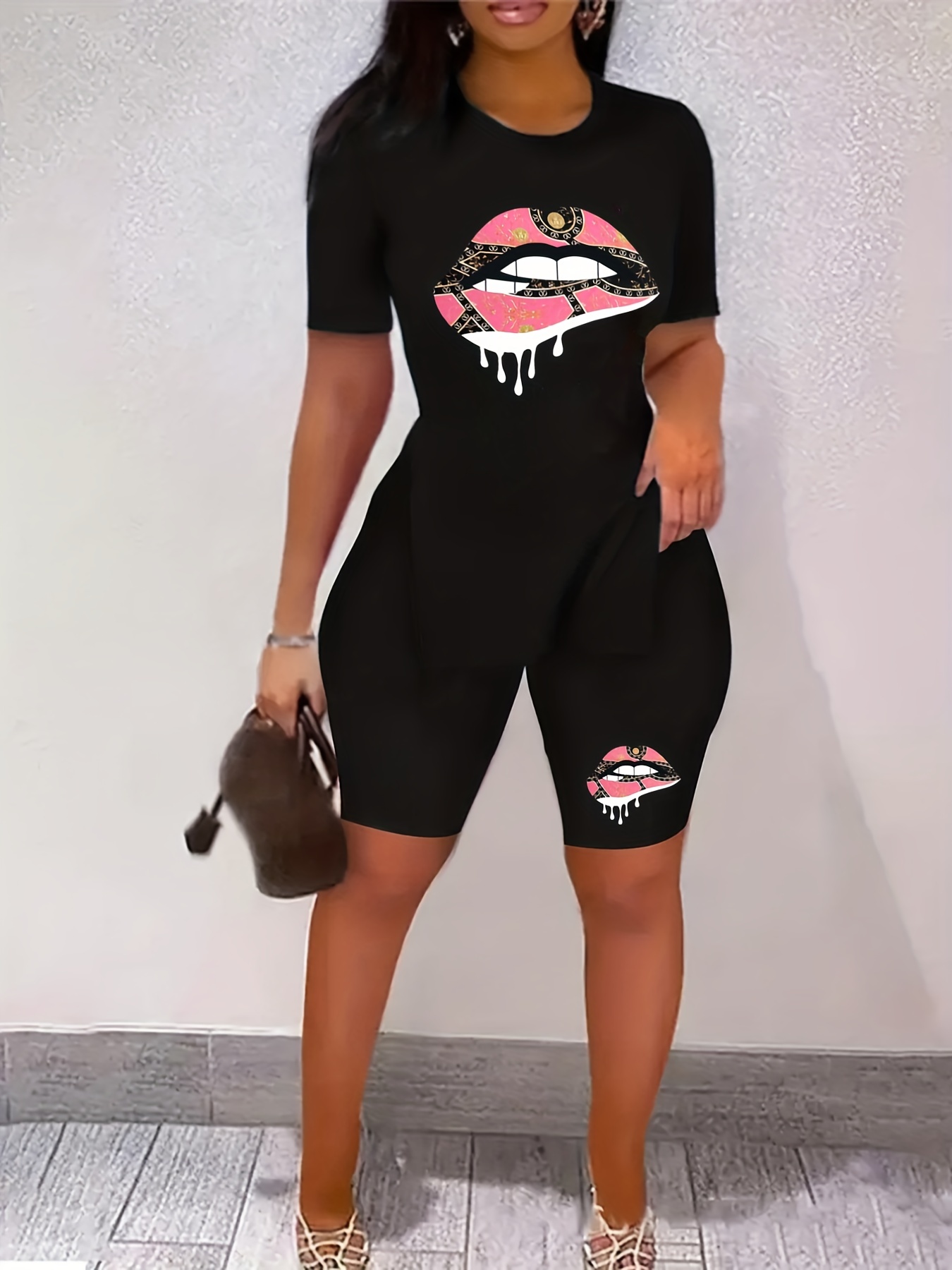 Two Piece Tee Leggings Outfit Rose Print Short Sleeve T - Temu