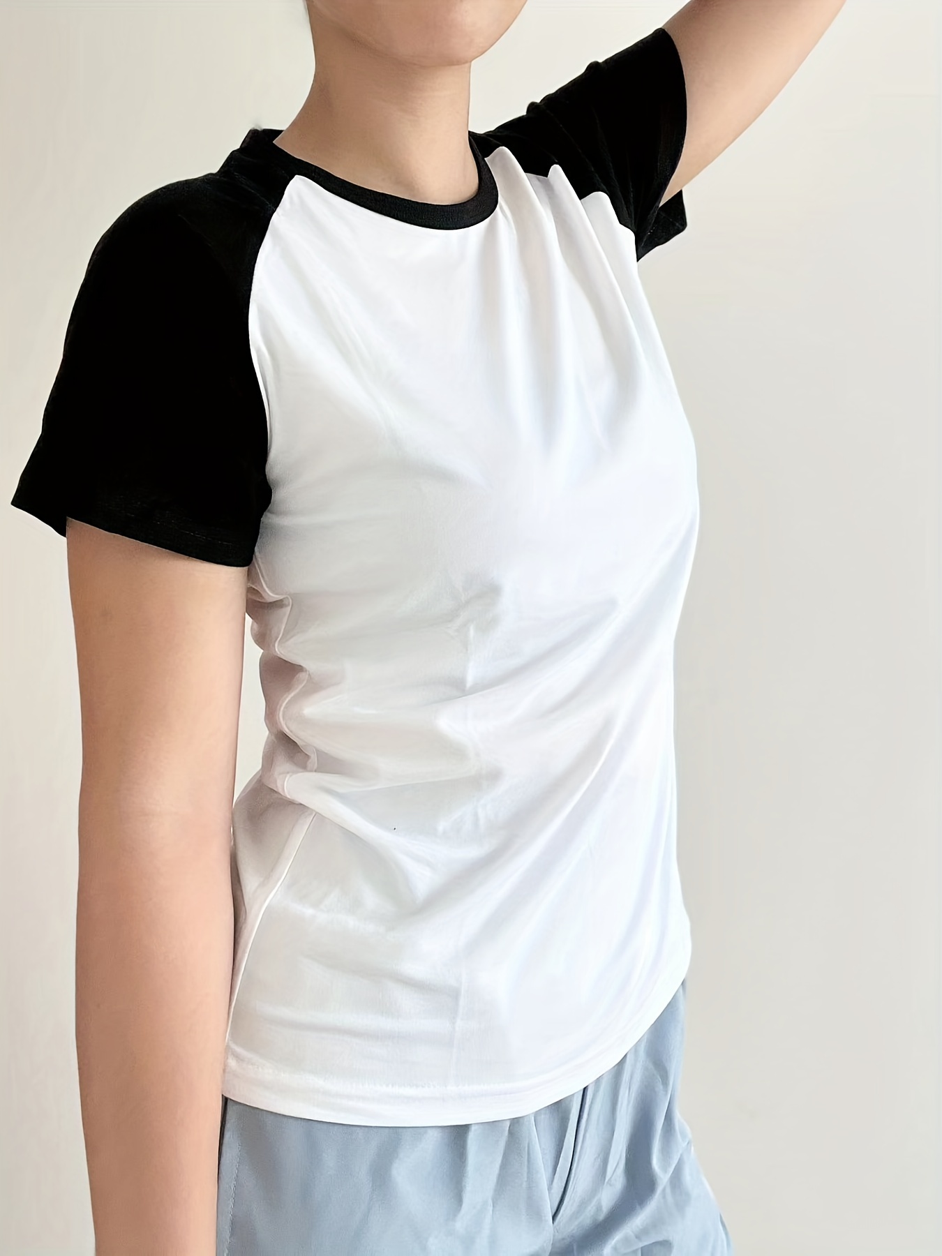 Camiseta Mujer Blusa Moda Raglan Manga Corta Moda Negro Camiseta Deportiva  Tee