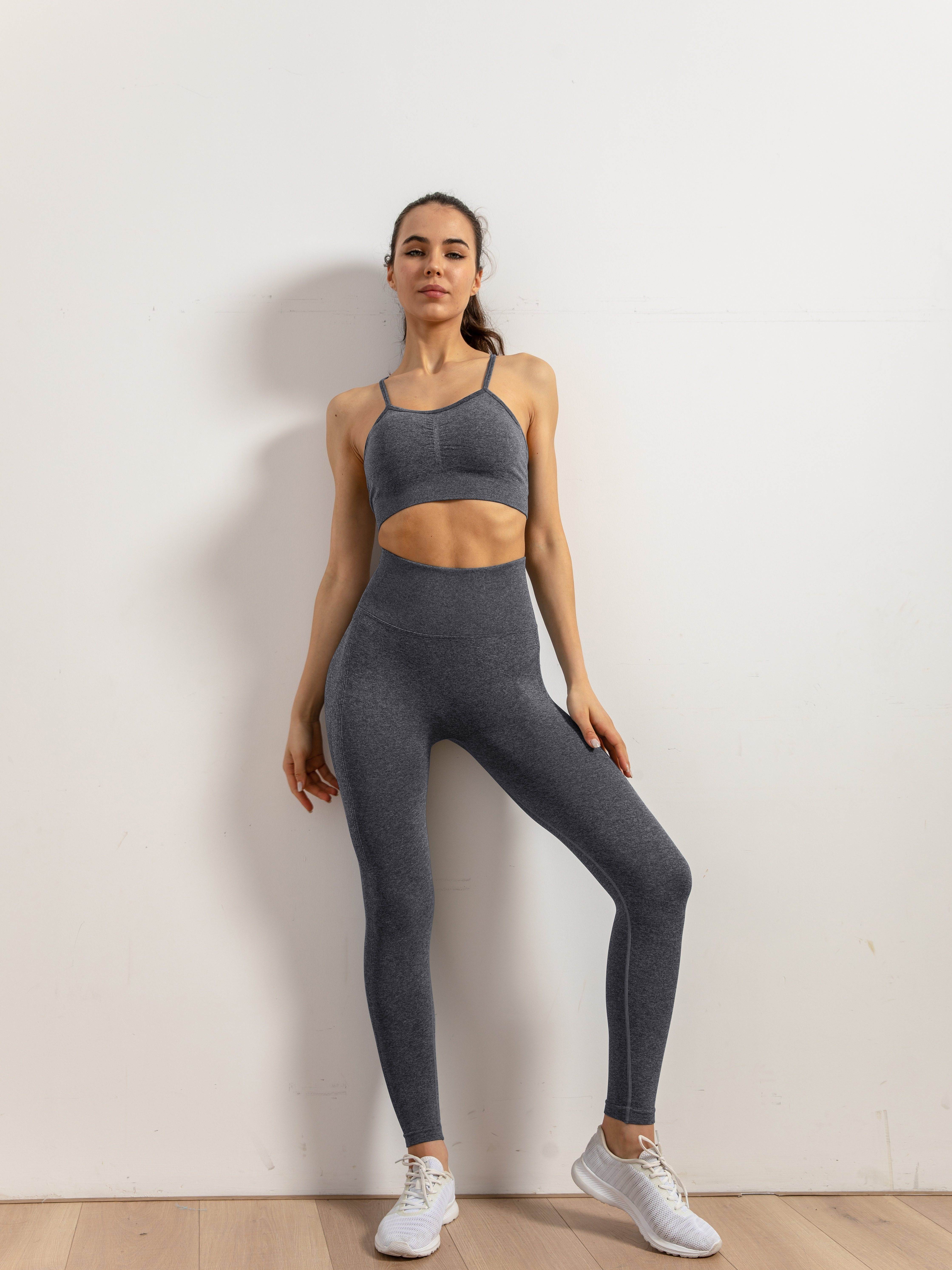 Conjuntos de yoga para mujer, 2 piezas, sin costuras, control de abdomen,  leggings de cintura alta con parte superior corta, conjunto de ejercicio