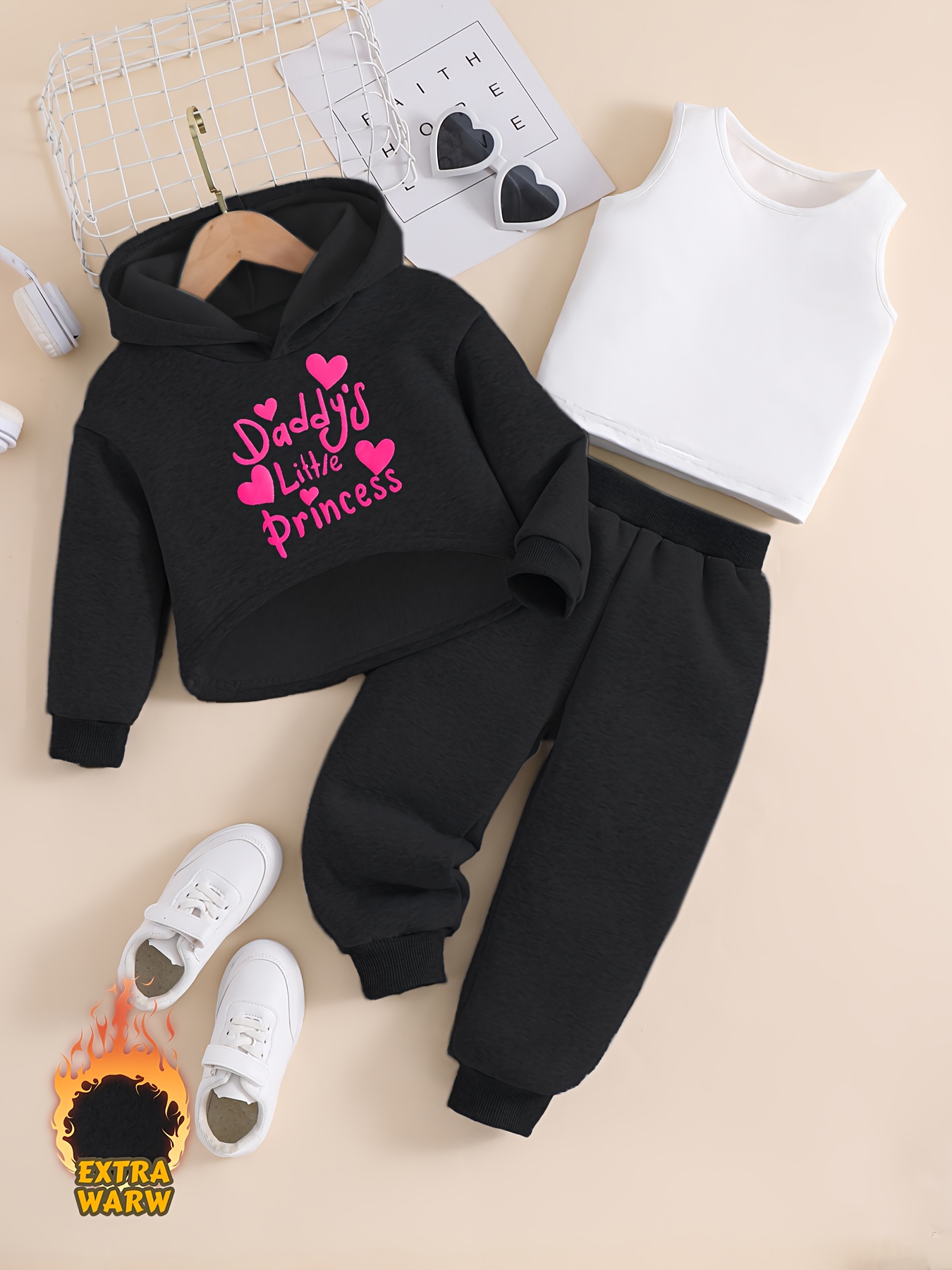 Girls Baby Print Outfits Cropped Hoodies + Tank Top +jogger - Temu