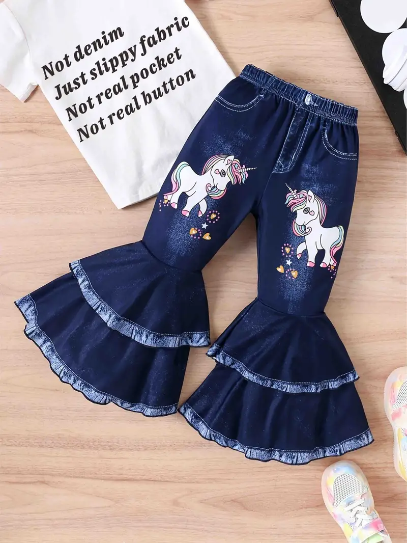 Little Girls Pull-on Unicorn Print Stretch Bell-Bottom Pants, Trousers For Stylish & Adorable Look, Kids Bottoms
