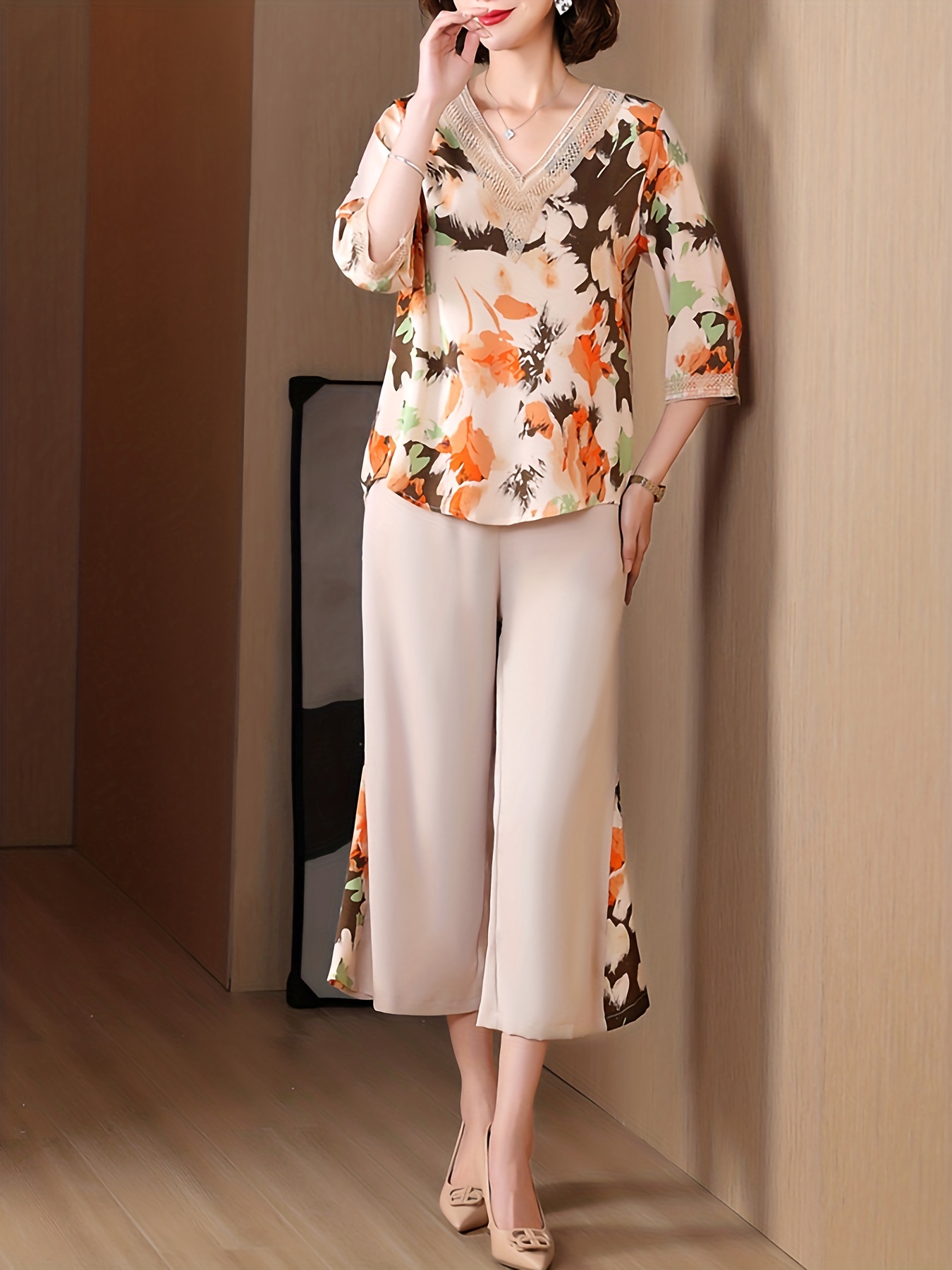 Women's V-Neck Cropped Two Piece Shirt Tops Printed Wide Leg Pants