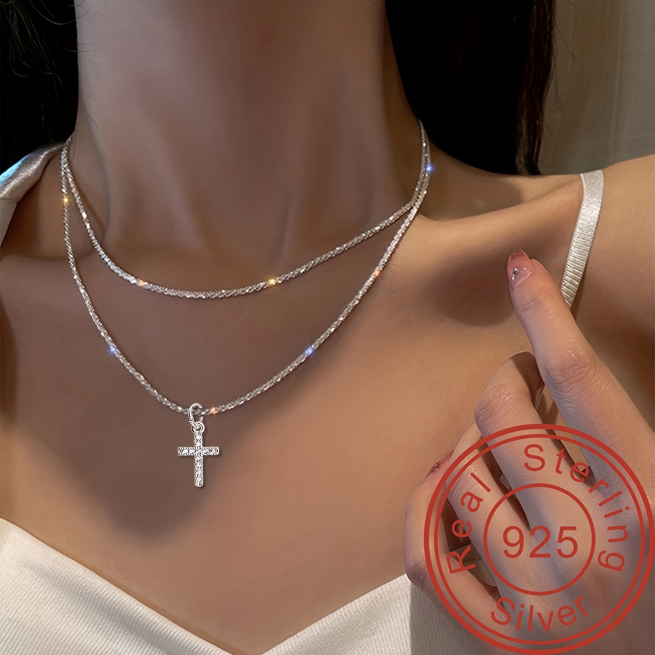 

925 Sterling Silver Glitter Sparkle Cross Necklace Clavicle Chain Double Layer Chain Female Silver Color Necklace