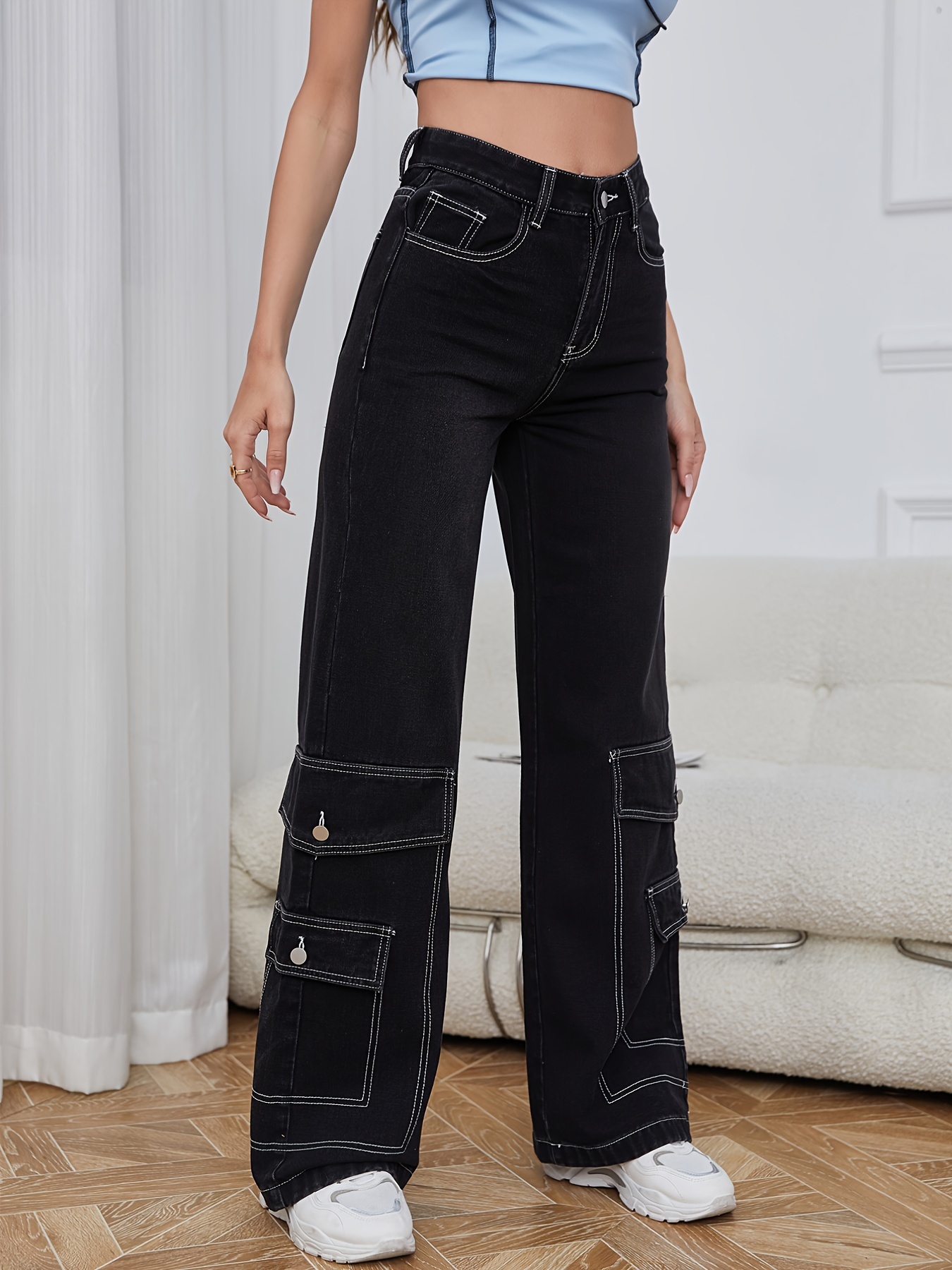 Pantalones Cargo Negros Mujer - Temu