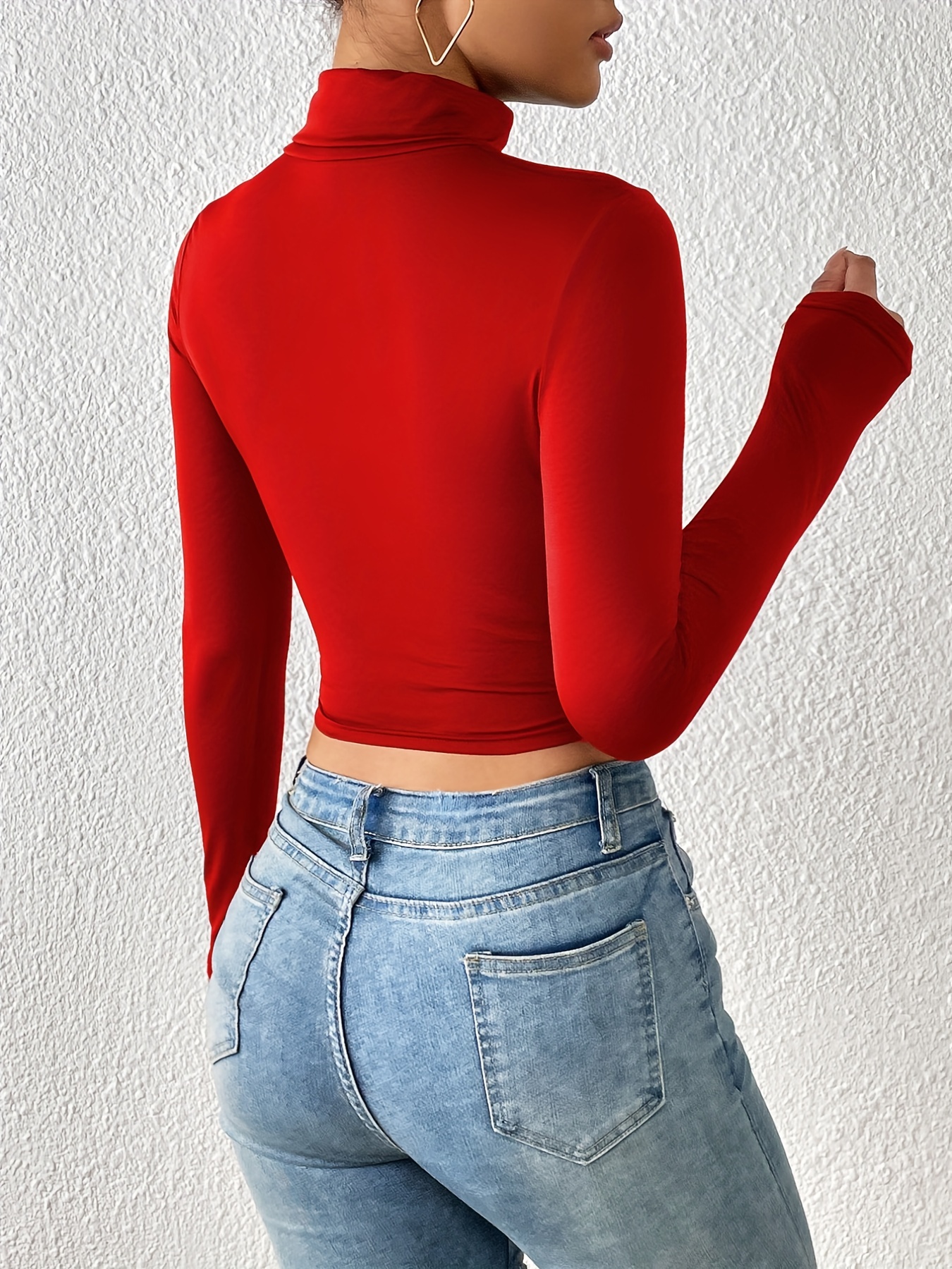 Turtle Neck Skinny Crop T shirt Stretchy Long Sleeve Solid T - Temu