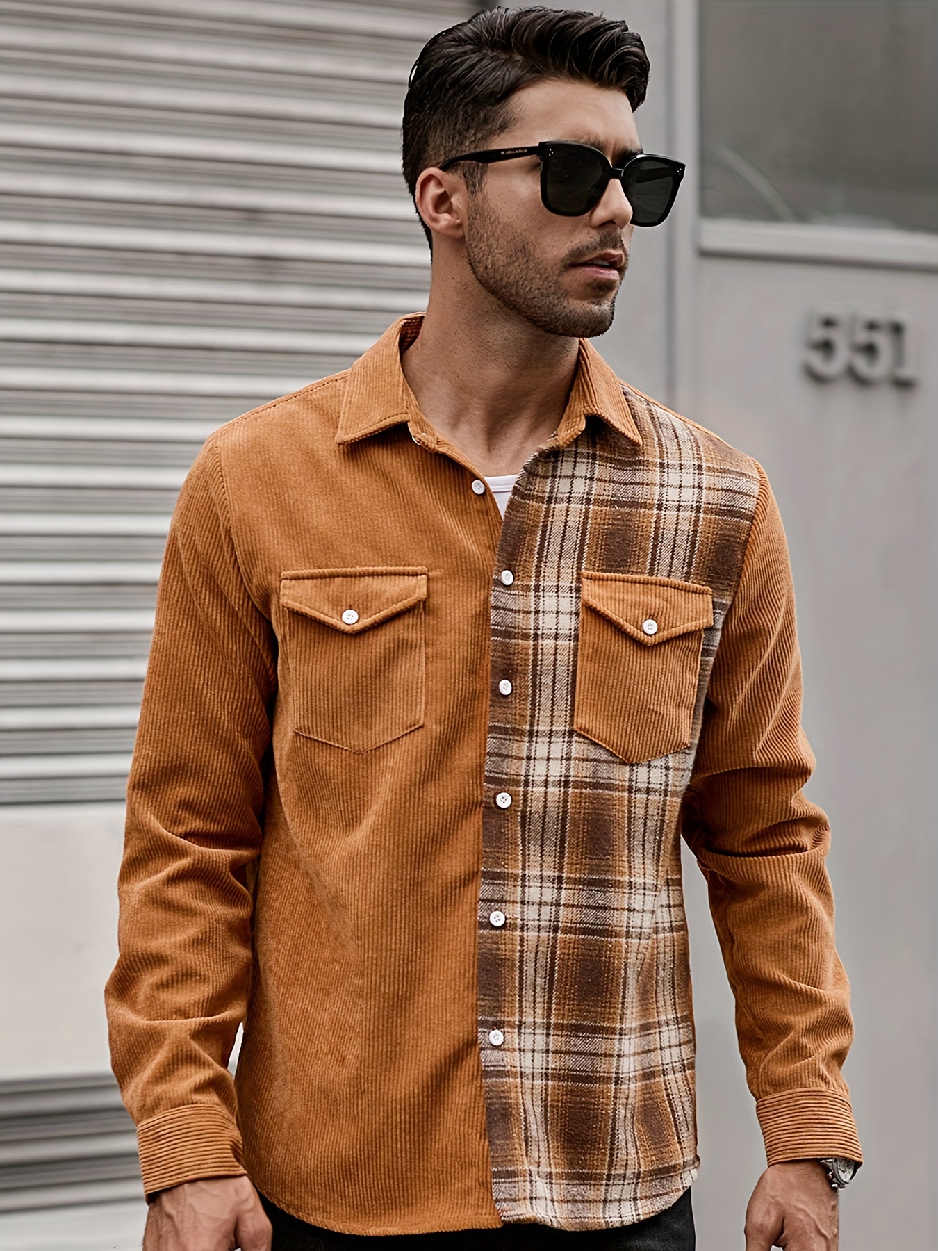 Orange Plaid Color Block Patchwork Shirt Jacket with Pocket