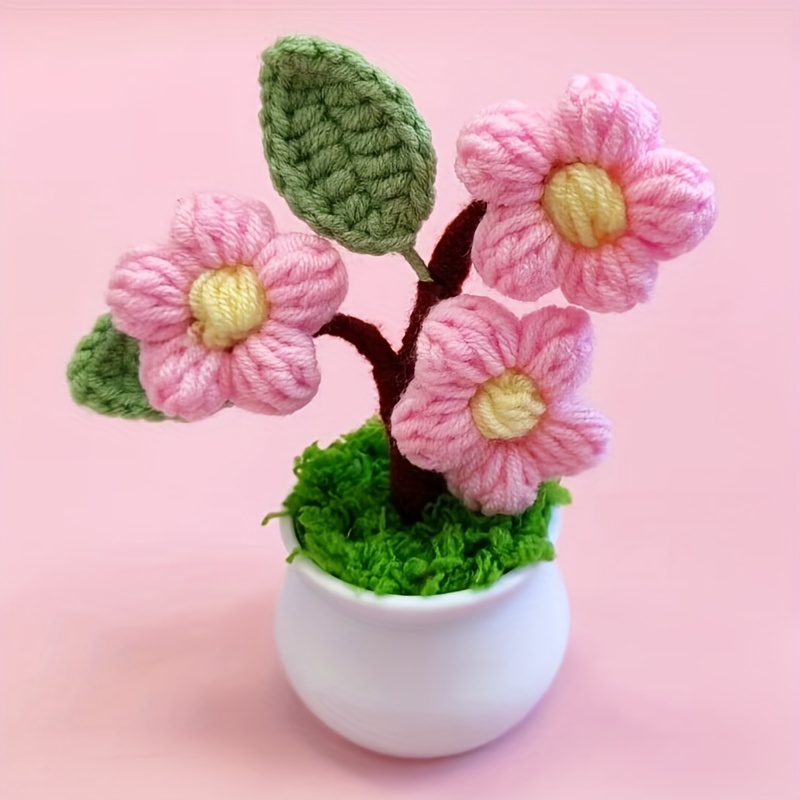 MagiDeal Handgefertigte Häkelblumen, Mini-Topfpflanzen mit grünen Blättern,  DIY niedliche gehäkelte Kunstblume für Küchenornamente, Pinke Blume