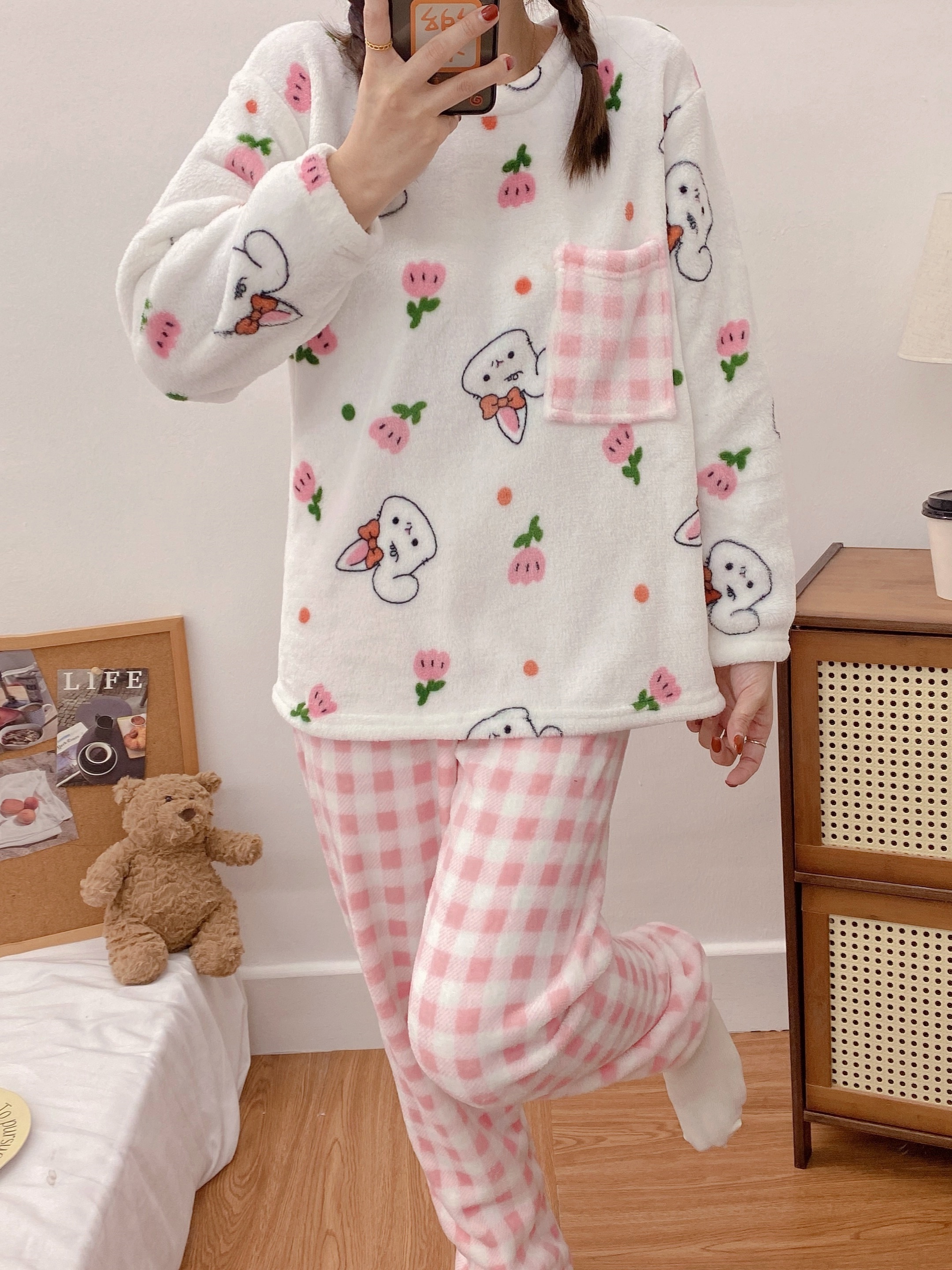Casual Soft Flannel Pajamas Set Crew Long Sleeve Top Lace - Temu Canada