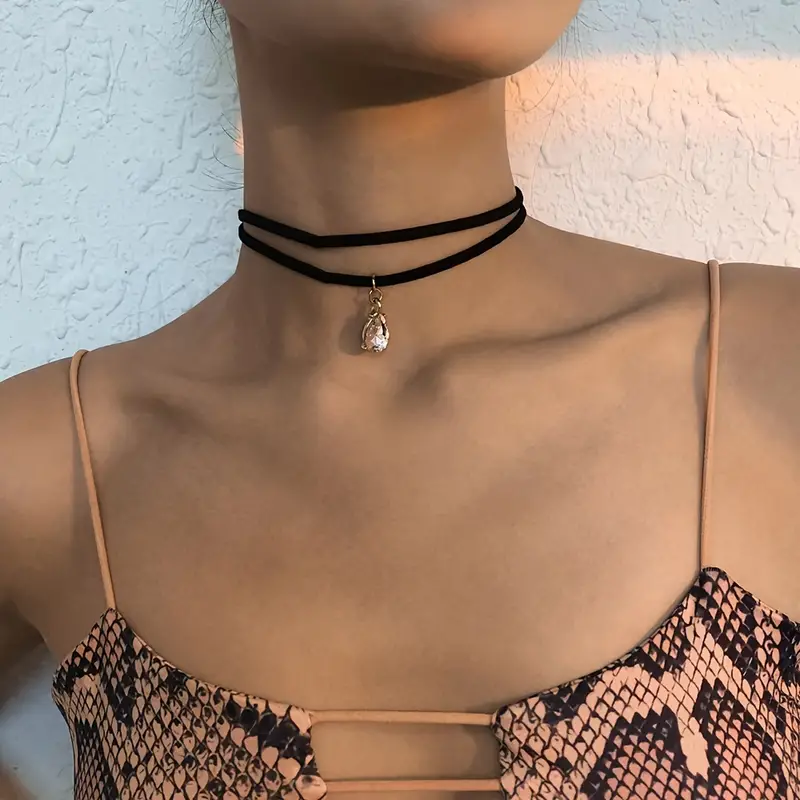 Black Choker Necklace Double Layered Necklace Rhinestone - Temu