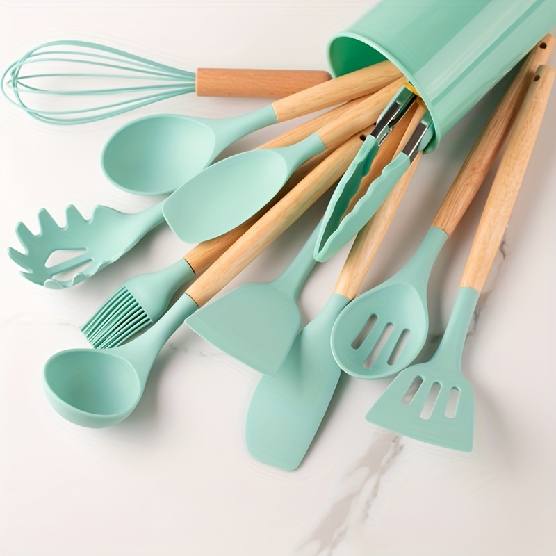  Kitchen Utensils Set Silicone Cooking Utensils Set for Nonstick  Cookware - Silicone Spatula Set And Wooden Kitchen Utensil Set Kitchen  Tools, Silicone Kitchen Utensils Set Cooking Spoon Kitchenware : Home 
