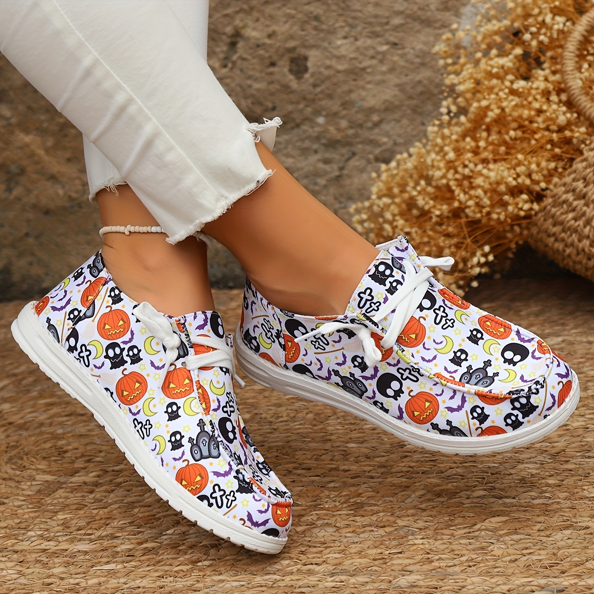 Oversized Halloween Canvas Shoes Women's Pumpkin Print Ghost Flat