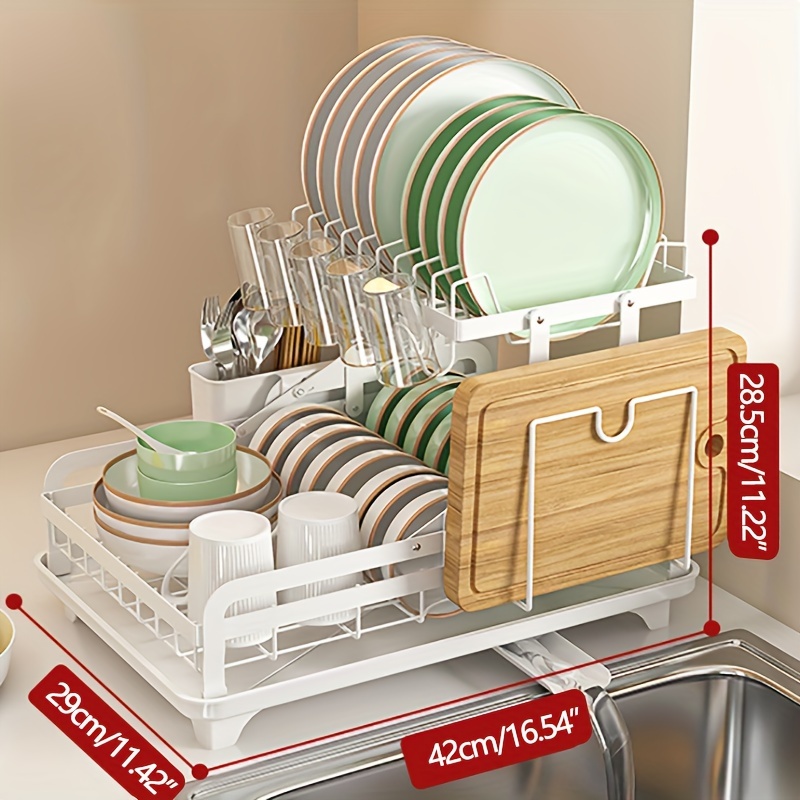1pc 2-Tier Dish Rack with Drainboard - Black Dish Drying Rack with Utensil  and Cup Holders - Kitchen Drying Rack for Dishes, Knives, Spoons, and Forks