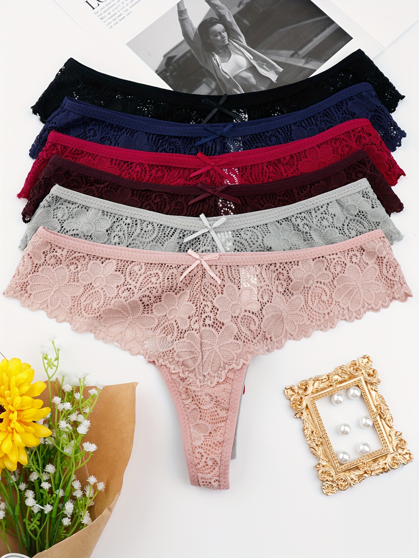 6pcs Floral Lace Thongs, Soft & Comfy Stretchy Intimates Panties, Women's  Lingerie & Underwear
