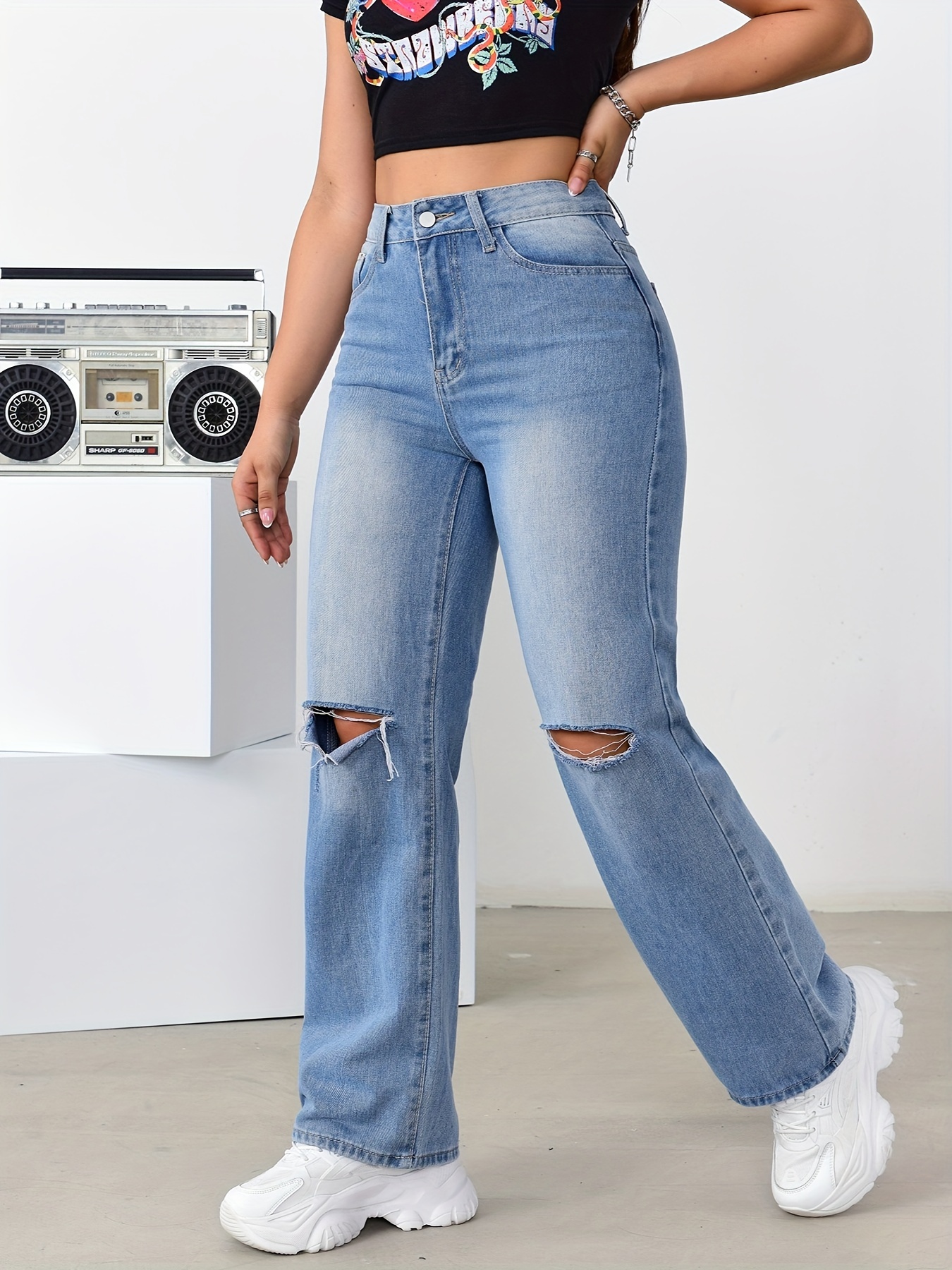 Fall Denim joggers for women high waisted Fashion High Waisted Straight  Pocket Hole Short Pants Street Trendsetters Broken Straight Tube Casual