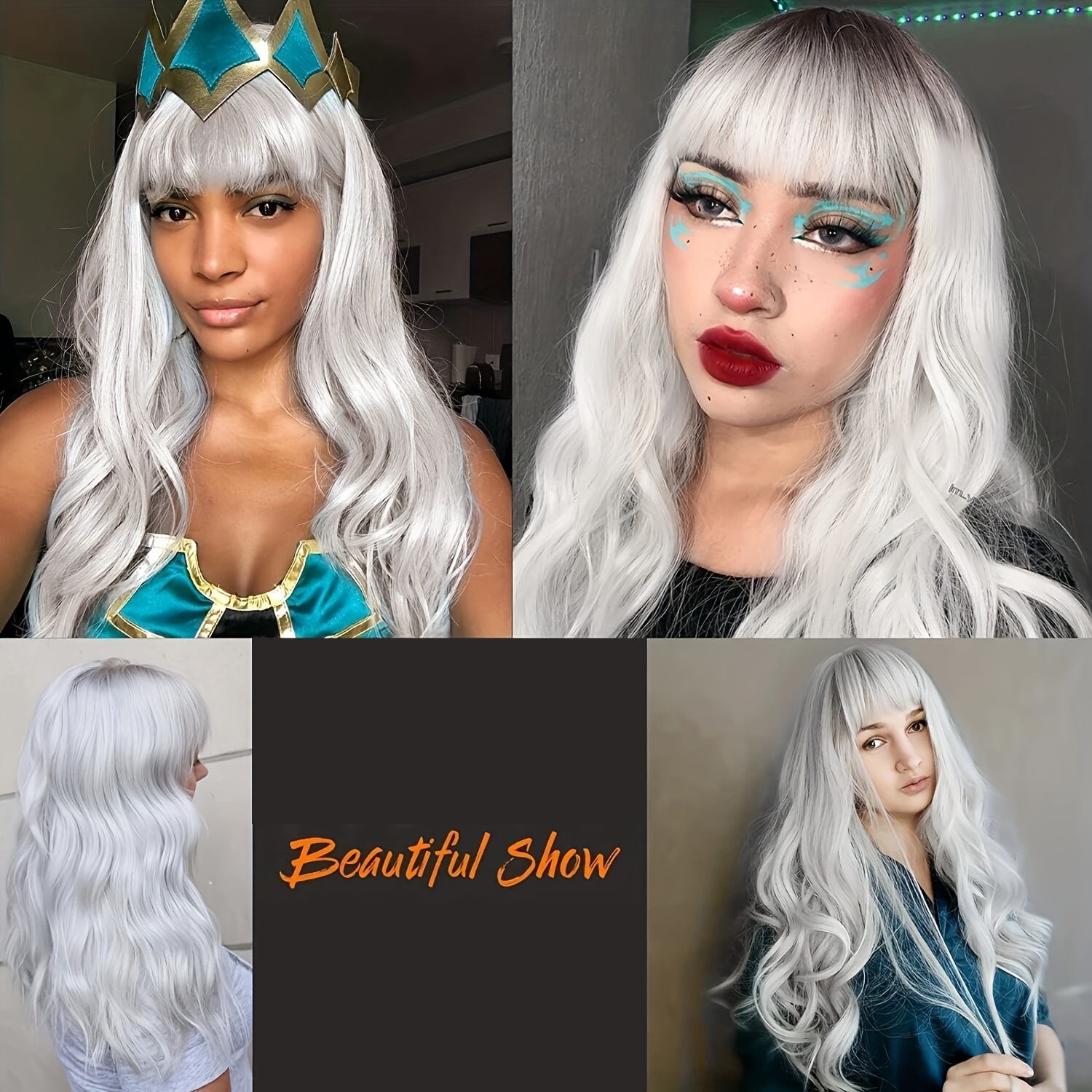 Ombre Grey Long Water Wave Hair Wigs Bangs Women Synthetic Temu