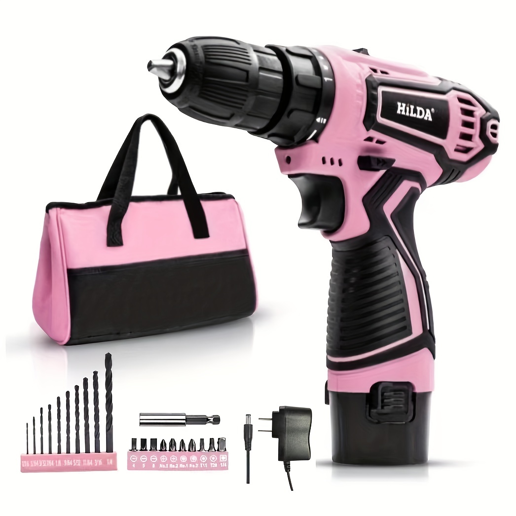 23pcs Pink Tool Set With 12V Cordless Drill For DIY Maintenance