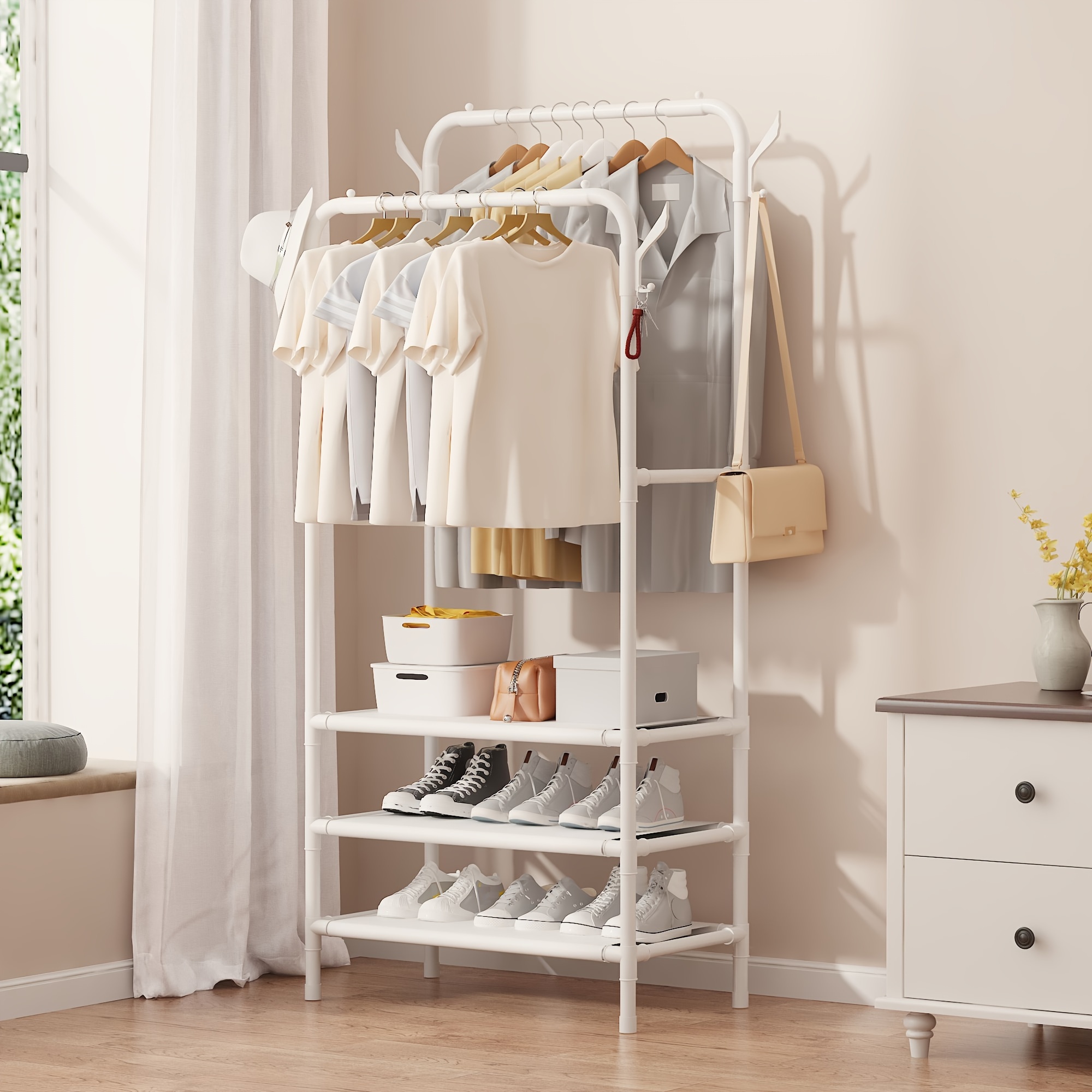 Wood & Metal Freestanding Bedroom Closet Organizer Clothes Rack with 2  Drawers