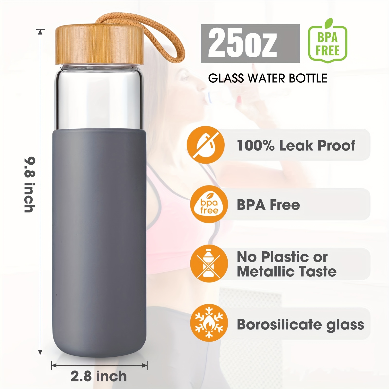 Travel Glass Drinking Bottle 10 Ounce Plastic Airtight Lids