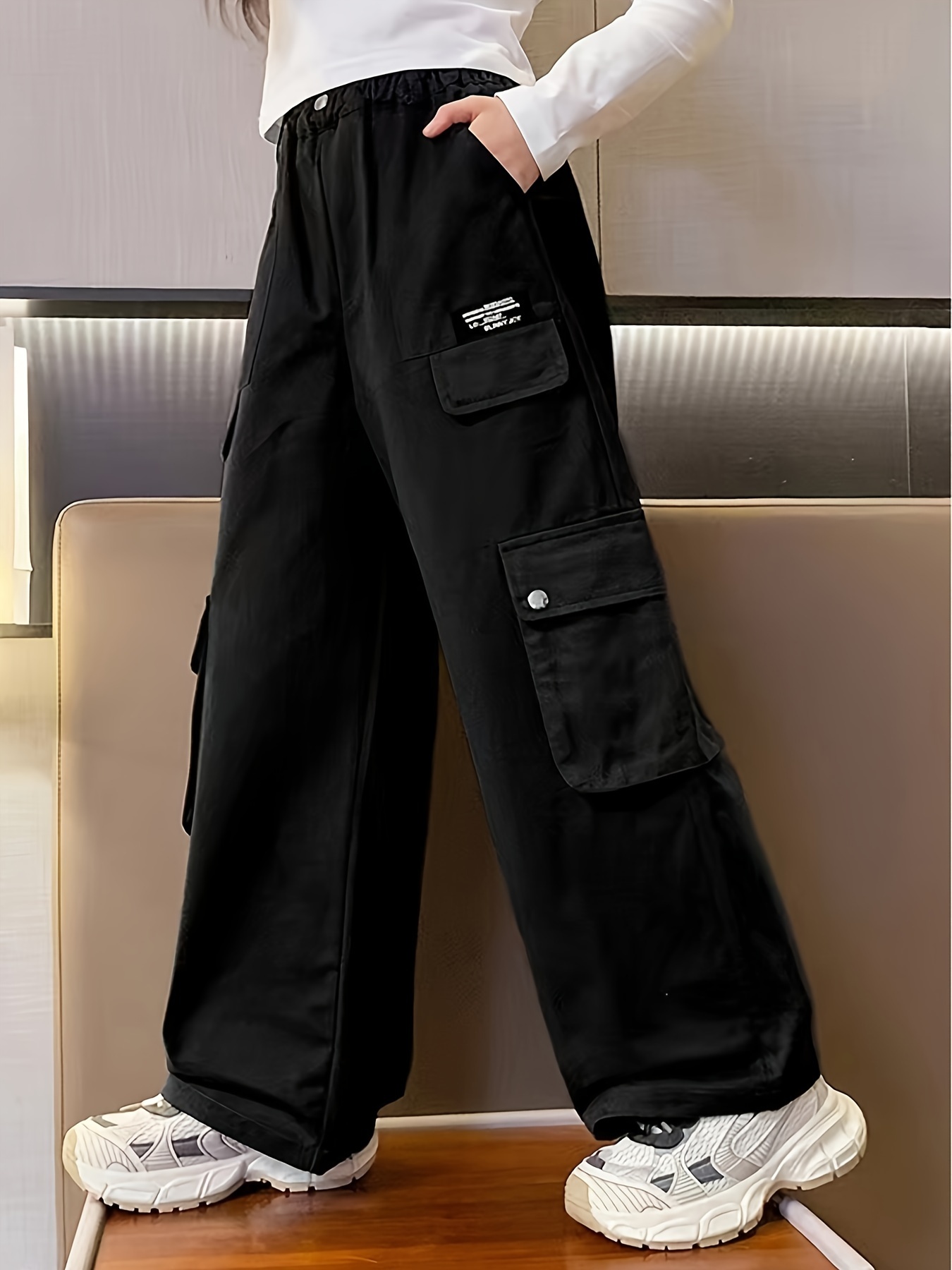 Girls' Thermal Warm Winter Wide-leg Cargo Pants, Casual Street Wear  Straight Trousers With Multi-pockets