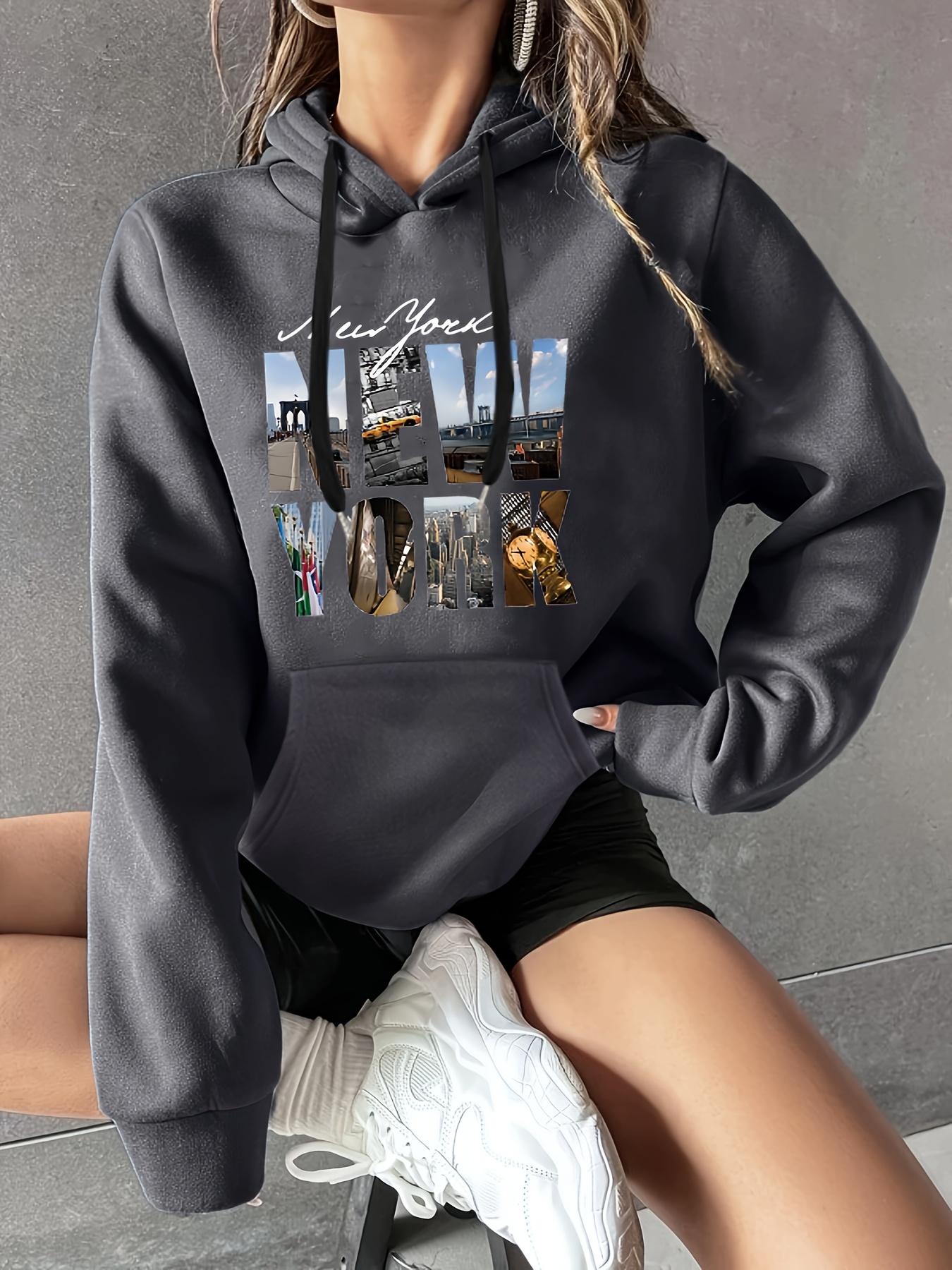 Dark Gray New York Letter Graphic Fleece Lined Hooded Sweatshirt
