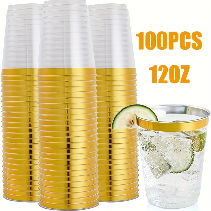 25 Pcs 8 oz. Clear with Gold Rim Disposable Plastic Party Cups