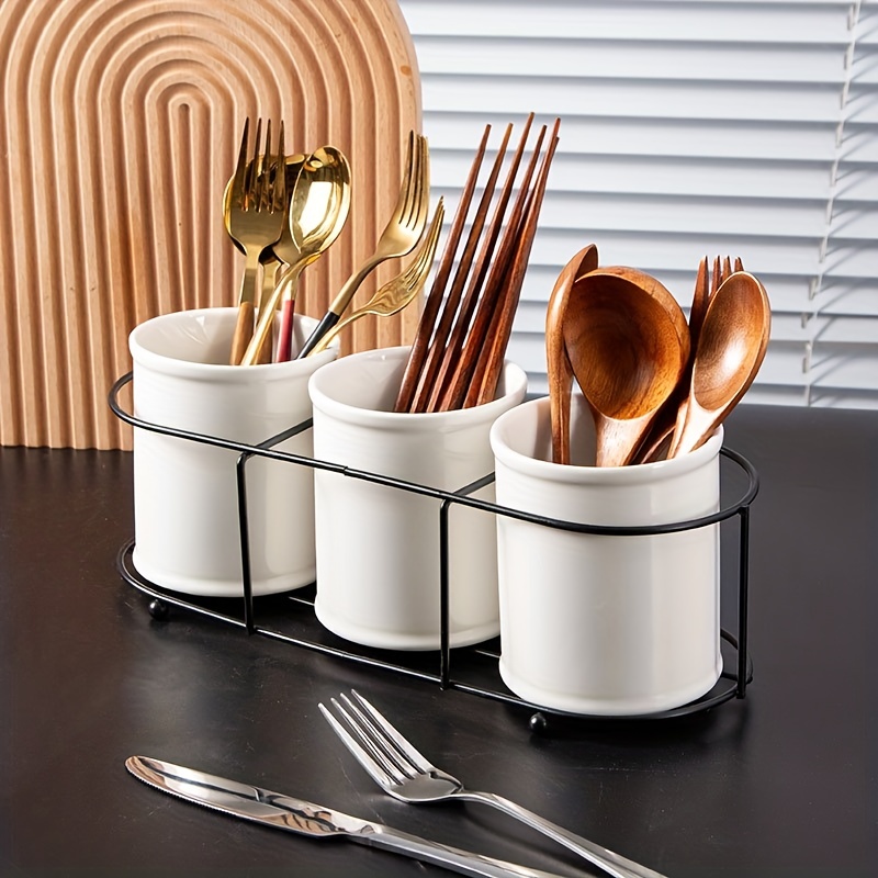 White Ceramic Utensil Holder, Flatware Caddy with Metal Stand (13 x 4 x 5  In)