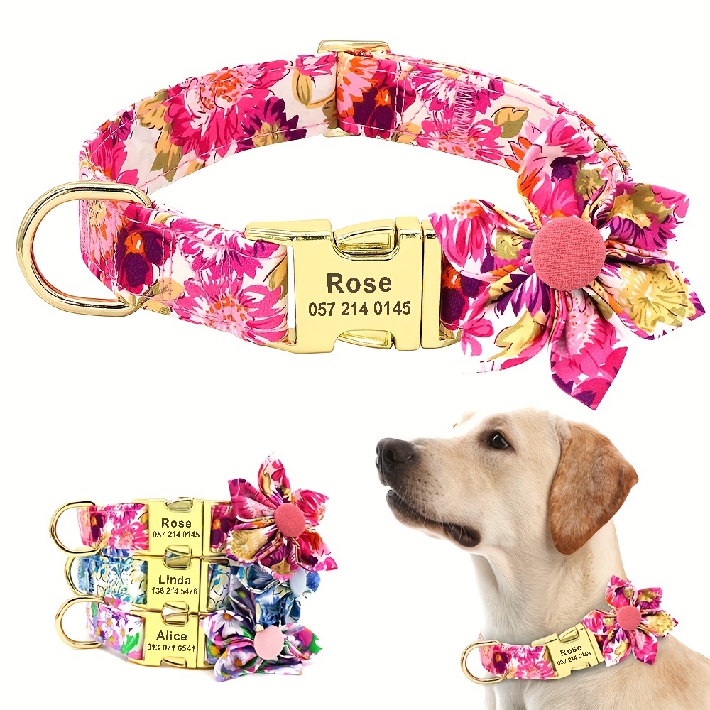 Dog Collar with Name Adjustable Pet Collar with Flower Decoration Solid  Cute Cat Collar Heavy Duty Pet Collar with Release Buckle Dog Collar Id  Tags