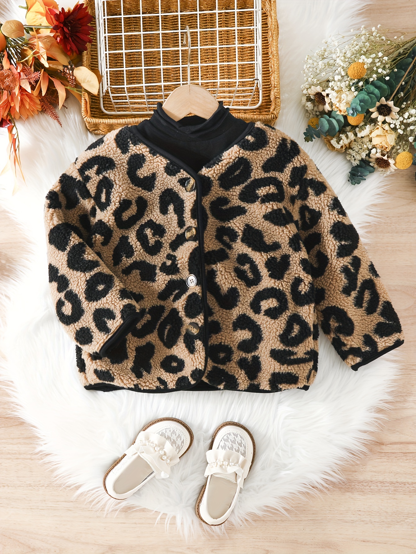 Girls Leopard Allover Crew Neck Button Sherpa Jacket Kids Temu