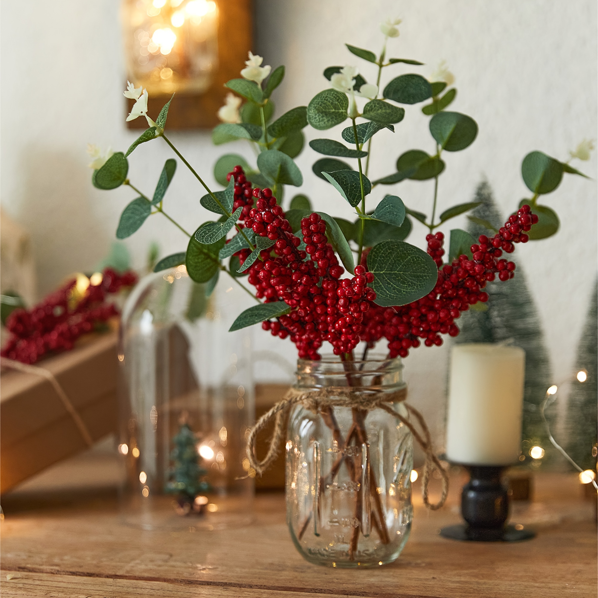 YHDSN Artificial Eucalyptus Stems with Red Berries - 13.78 Faux Greenery  for Christmas Winter Crafts Holiday Home Decor and Floral Arrangements 
