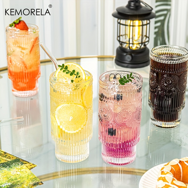 4pcs, 16oz Ribbed Glassware Set, Boho Flower Design Stackable Glass Cups,  Vintage Embossed Clear Striped Drinking Glasses Set, For Bar Beverages