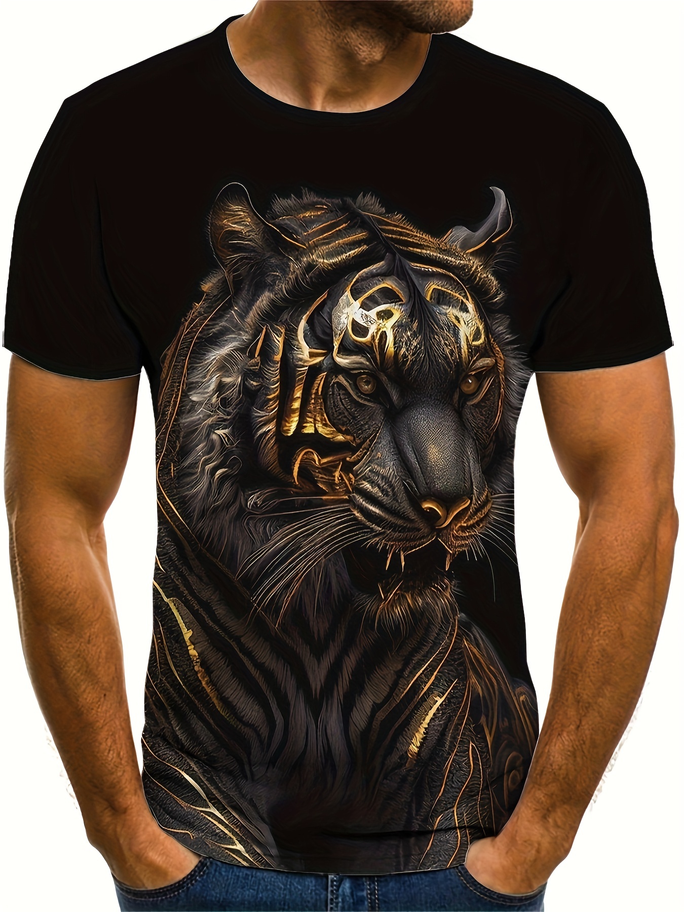 Plus Size Men's Anime Tiger Print Shirt for Summer, Street Style Personalized Short Sleeve Shirt Tops for Males, Men's Clothing,Casual,Temu