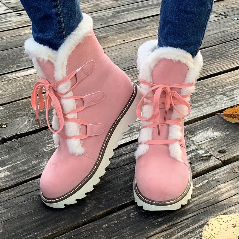 

Women's Solid Color Fluffy Boots, Lace Up Soft Sole Platform Thermal Lined Boots, Winter Non-slip Snow Boots