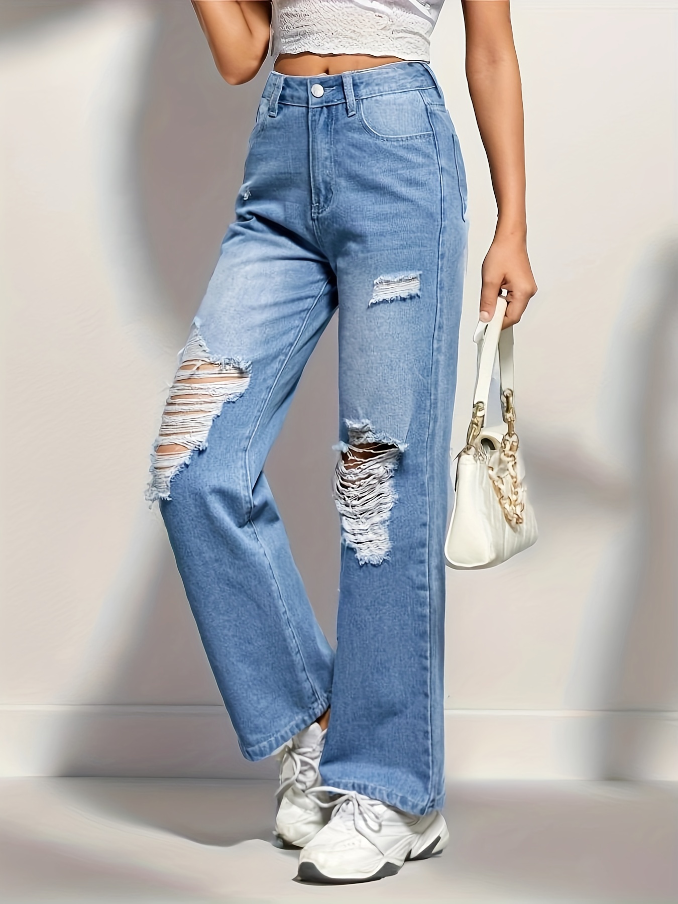 Blue Ripped Holes Straight Jeans Distressed High Waist Loose