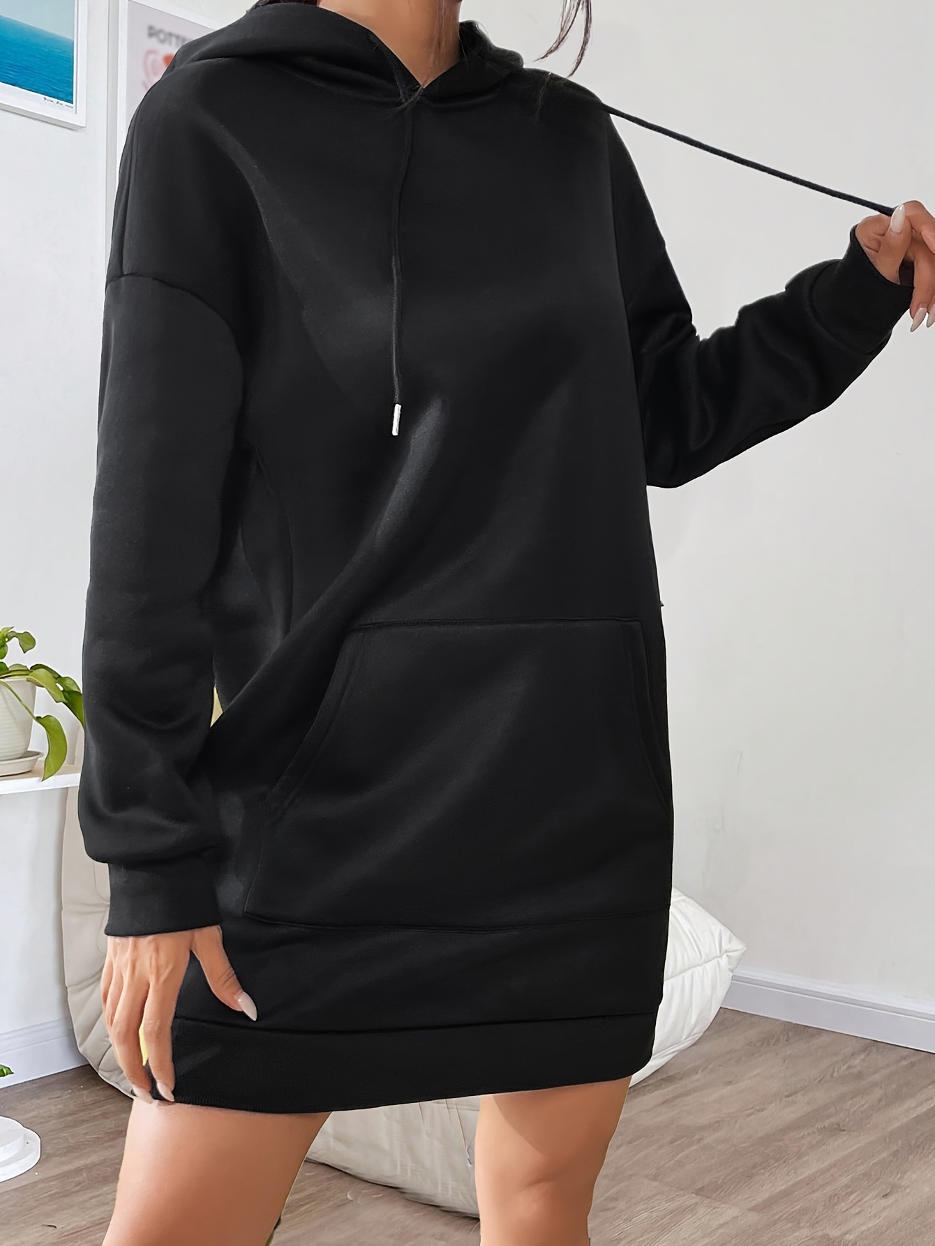 Solid Drawstring Hooded Dress Casual Long Sleeve Kangaroo Temu