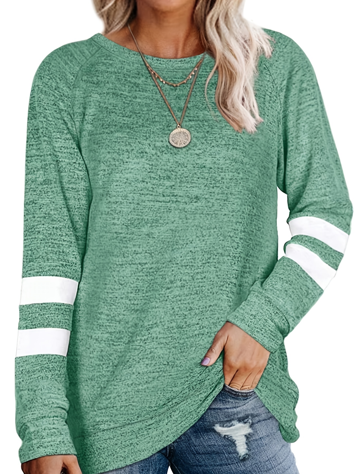 Color Block Striped Tunics Casual Crew Neck Long Sleeve - Temu