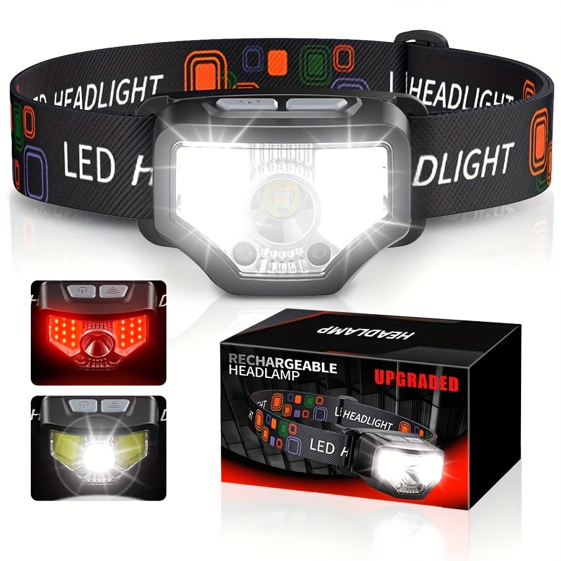 LED-Scheinwerfer wiederaufladbar, Scheinwerfer, 6 LEDs, 8 Lichtmodi,  verstellbarer Kopfbügel, leichte wasserdichte IPX4-Taschenlampe mit rotem  Licht für den Außenbereich
