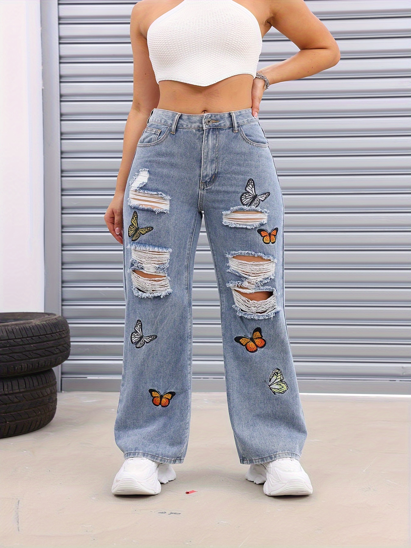 Wholesale Lady Embroidery Ripped Design Jeans Women Denim Pants