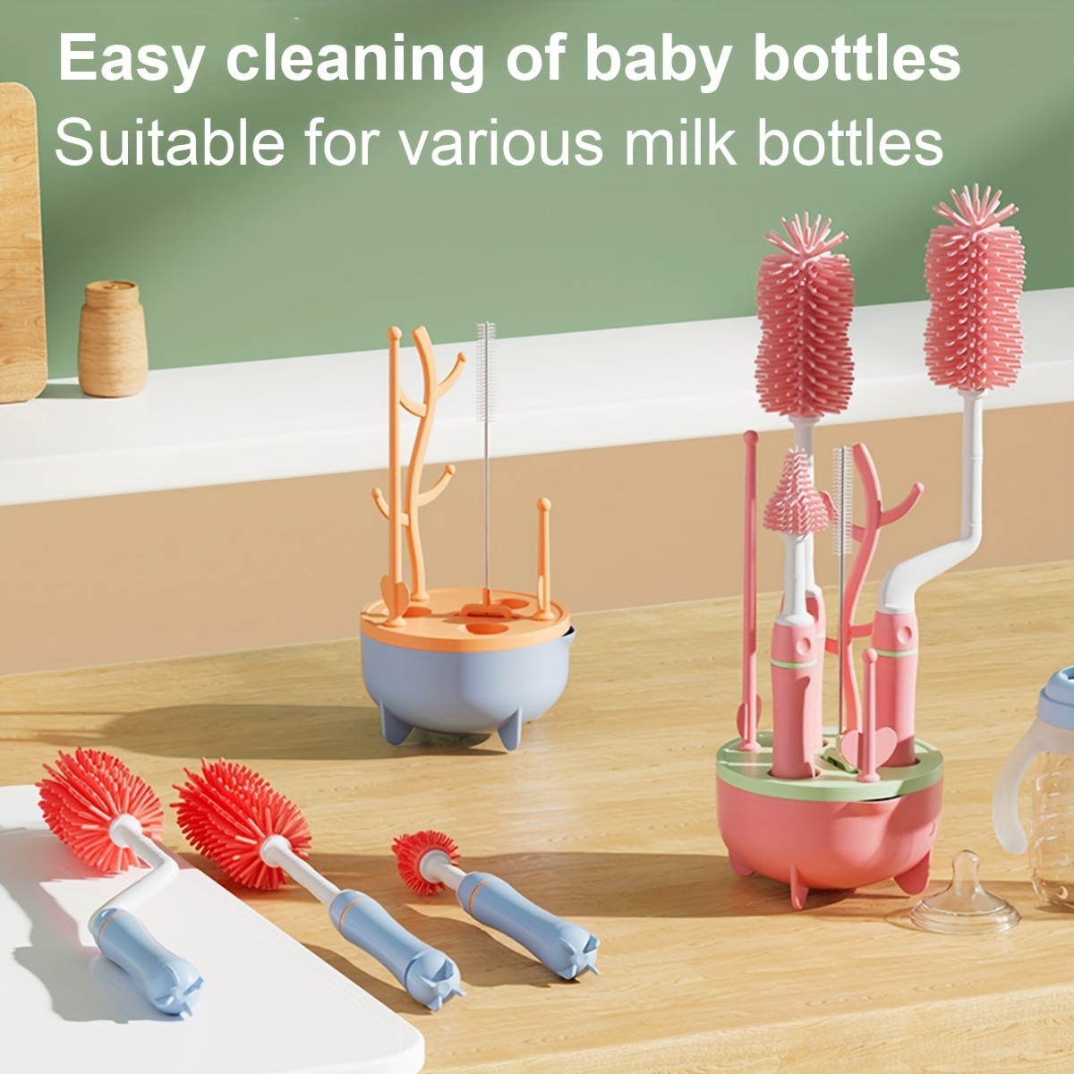 8pcs set baby bottle brush bottle cleaning brush for household with drain holder pacifier brush straw brush details 0