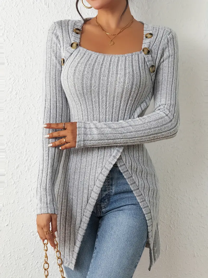 ribbed button decor asymmetrical hem t shirt casual long sleeve top for spring fall womens clothing details 37