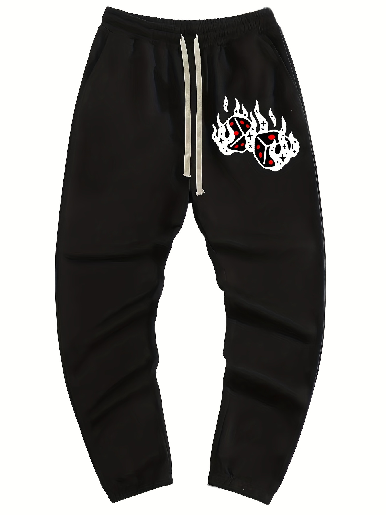 Burning Dice Print, Men's Drawstring Pocket Sweatpants, Loose