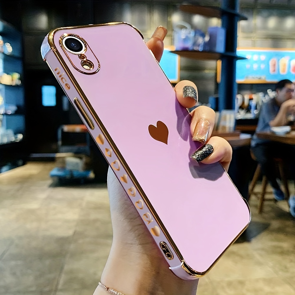 

Plain Color Phone Case For Iphone Xr Cute Bling Heart Design Plating Bumper Shockproof Slim Fit Soft Tpu Silicone Protective Cover