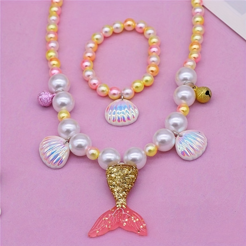 Girls Mermaid Tail Bag & Shell Pendant Bracelet Set
