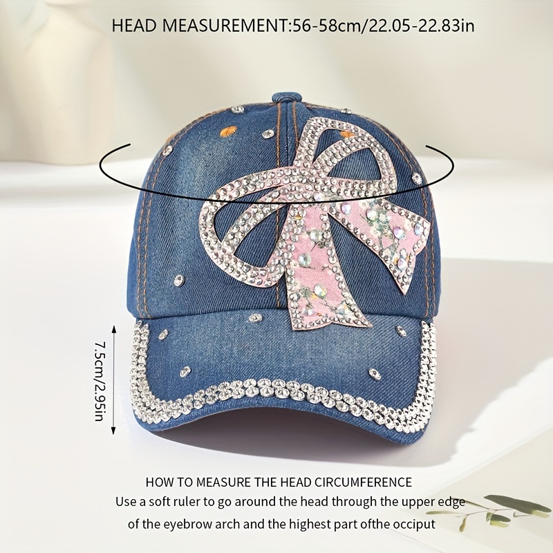 Bow Patch Baseball Y2k Rhinestone Blue Denim Sports Hat Washed