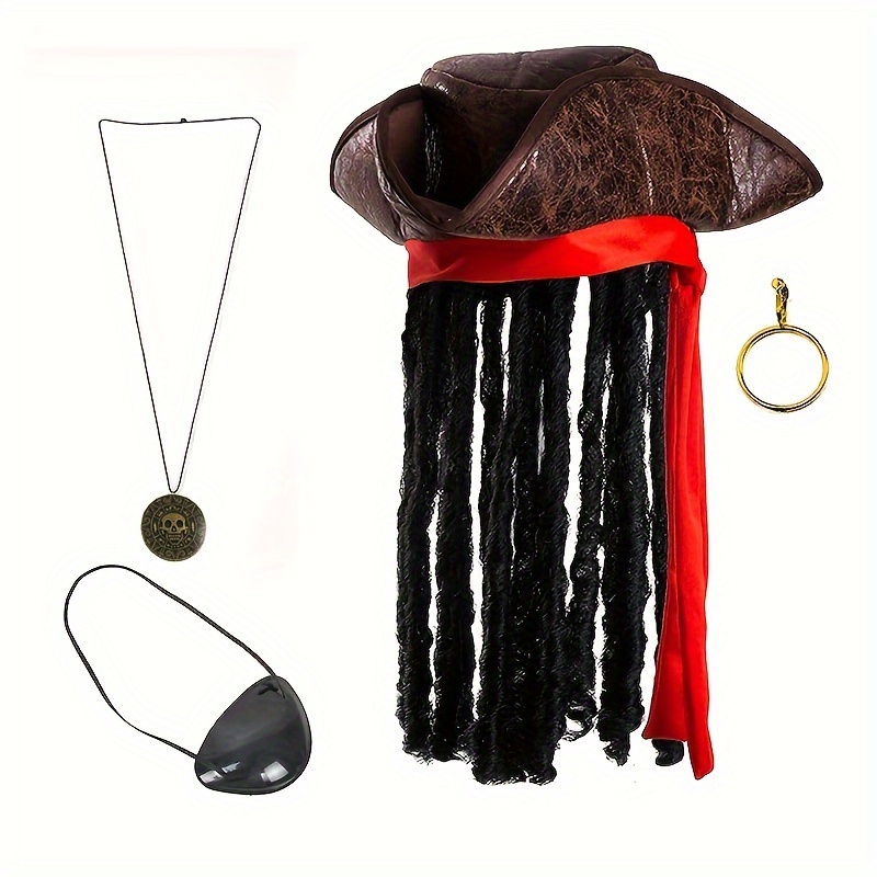

4pcs/set Men's Halloween Party Pirate Costume, Red Bandana Fake Hair Pirate Hat Skull Golden Necklace Golden Earrings Black Eye Mask Caribbean Pirate Accessories