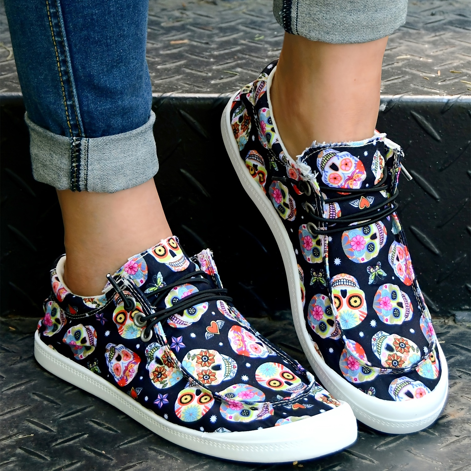 Women's Colorful Skull Print Canvas Shoes Comfortable Slip - Temu