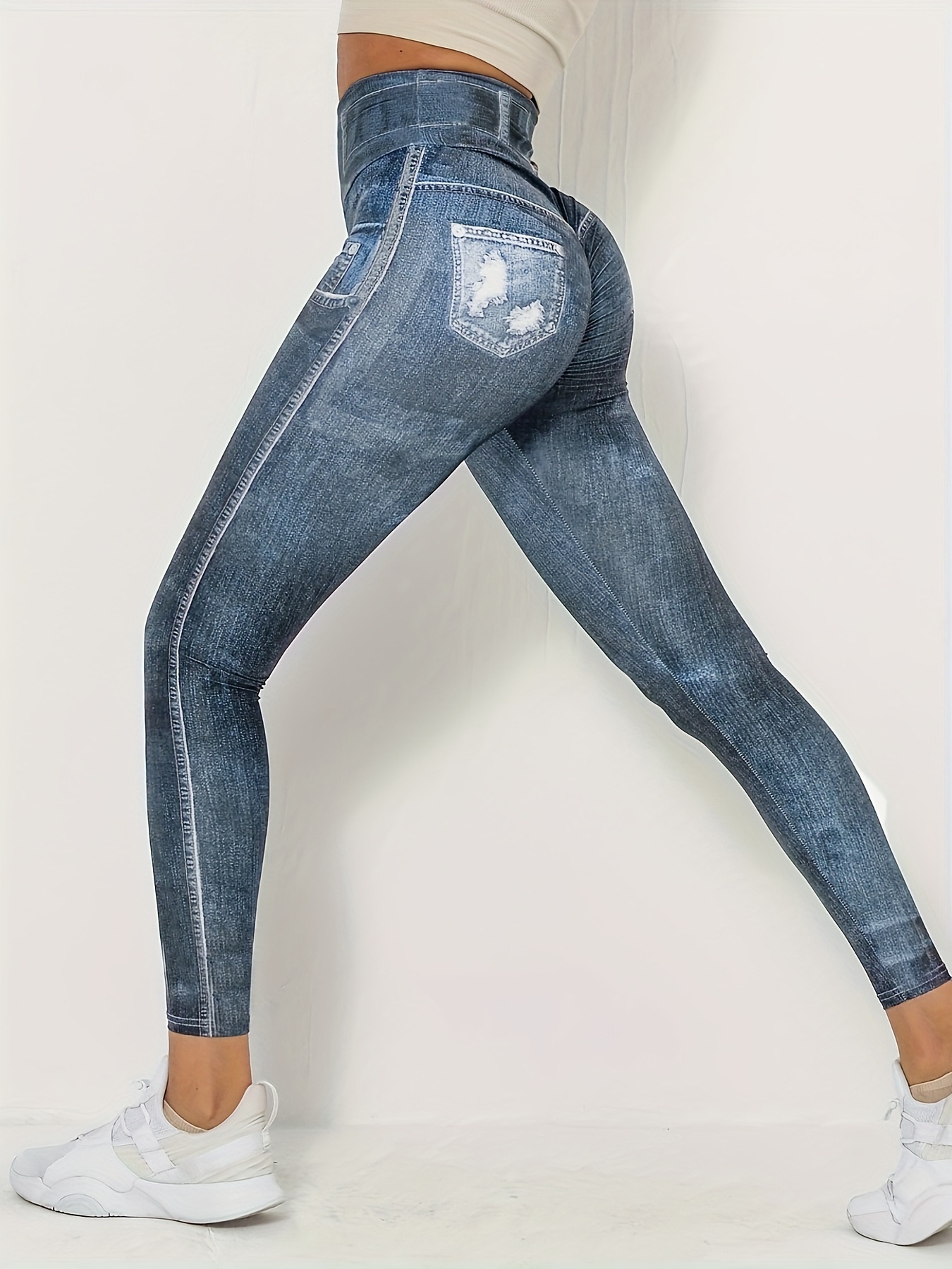 Dropship Butterfly & Denim Print Skinny Leggings; Stretchy High Waist  Lifting Yoga Leggings to Sell Online at a Lower Price